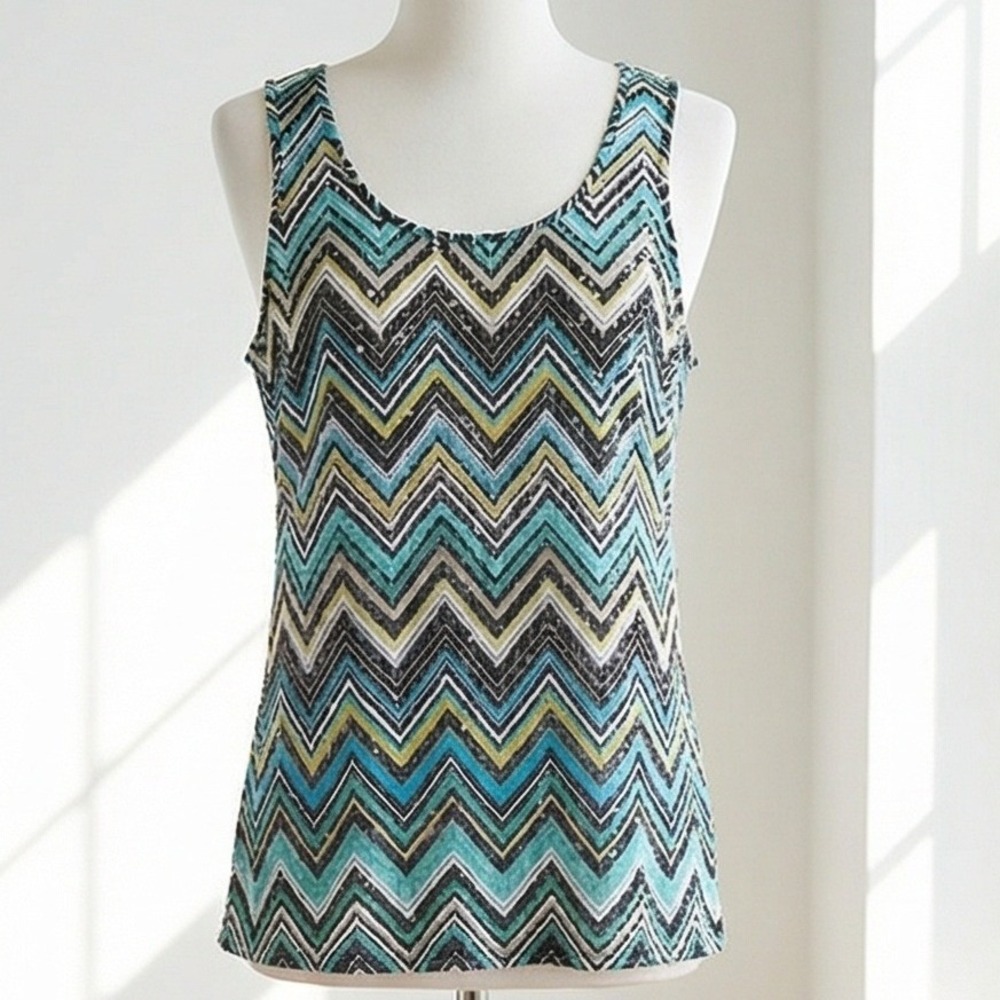 Apt‎ 9 M Blue Green Chevron Sparkly Sequined Tank Top Sleeveless Shell NWOT